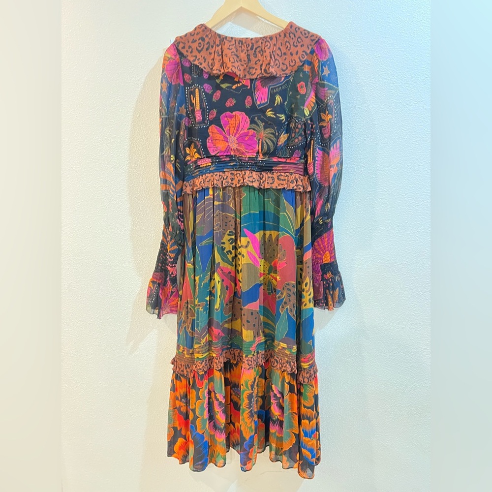 FARM RIO MIXED LEOPARDS JUNGLE LACE UP ROMANTIC MIDI DRESS - Picture 5 of 8